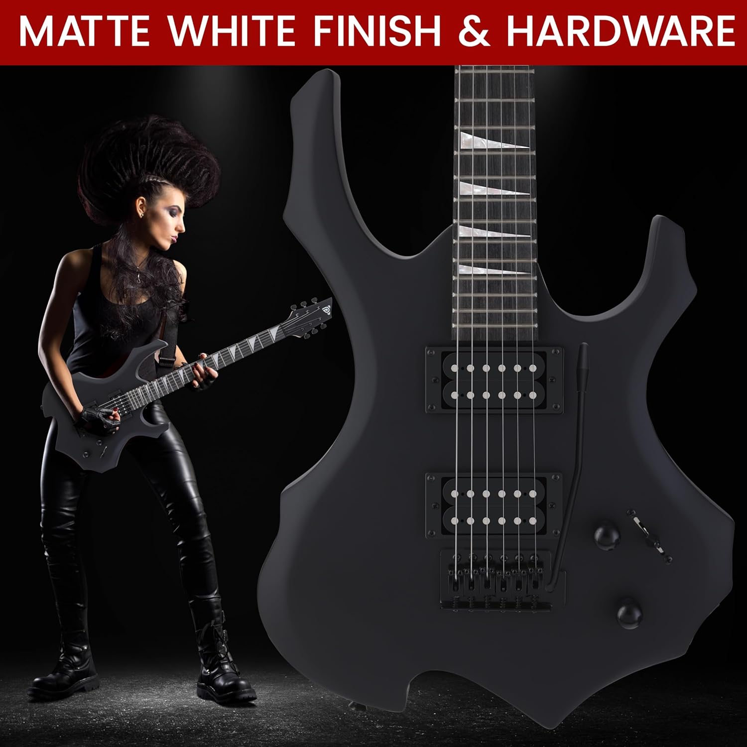 Pyle Heavy Metal EG Fire Electric Guitar Axe w/ Amplifier Kit, Full Size Instrument w/ Practice Amp & Accessories, Metal Axe, Black