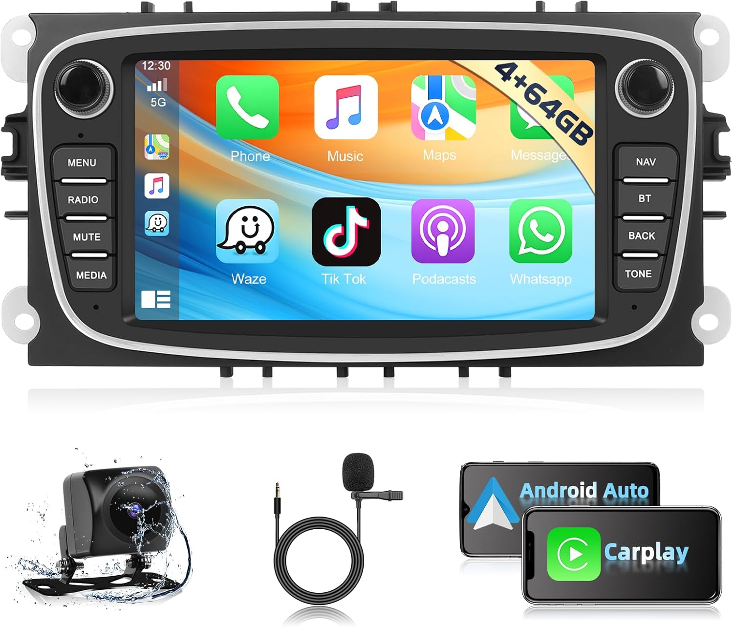 4G+64G Car Stereo Radio Wireless CarPlay for Ford Focus II/S-Max/Mondeo 9/Galaxy, 7 Inch Touch Screen Bluetooth Audio GPS Navigation Android Auto Mirror Link WiFi RDS Backup Camera MIC