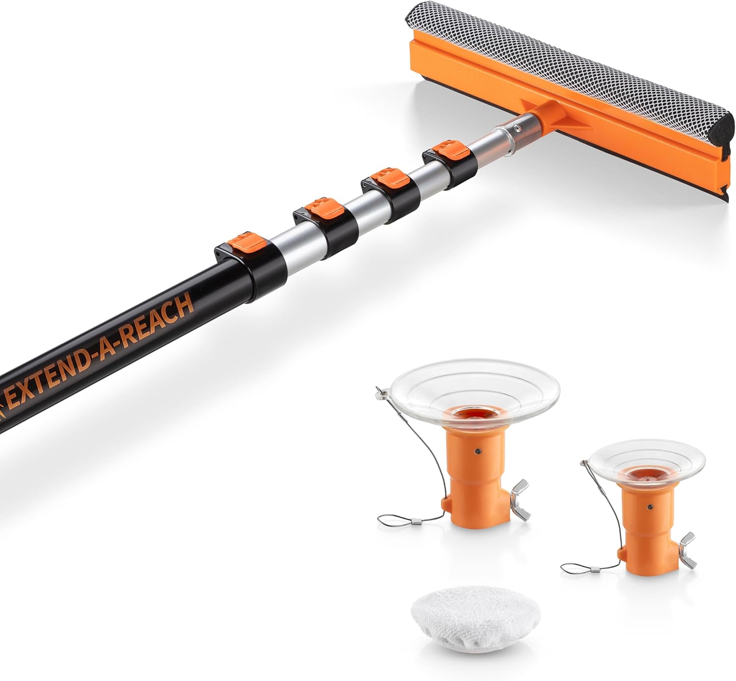 5-18 ft Window Washer Squeegee Kit with Extension Pole (24+ Reach) & Light Bulb Changer Attachment Kit // with 2 Suction Cup & Microfiber Cloth // Telescopic Window, Car & High Reach Bulb Changing Set
