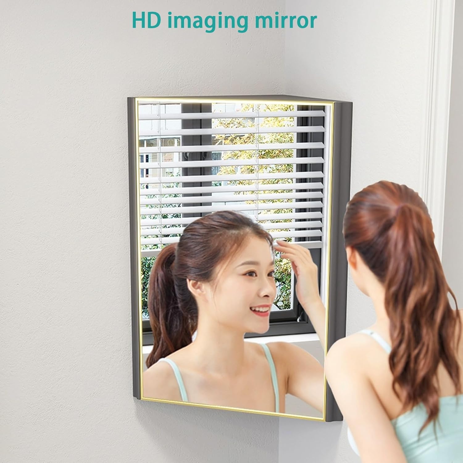 Corner Wall Mount Bathroom Sink, Corner Bathroom Vanity, Modern Bathroom Corner Cabinet, Ceramic Wash with Storage Container and Mirror Cabinet, for Small Space