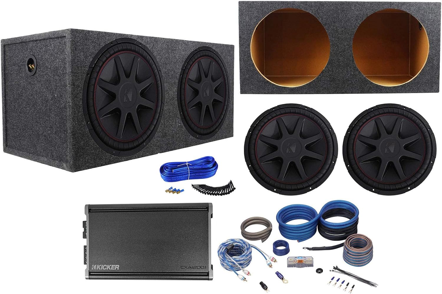 KICKER 43CVR152 2-Ohm Car Subwoofer Bundle 46CXA12001T RMS Car Amp, Sub Box Accessories Kit, Rockville RD15 Car Sub Box and RWK4CU 4 Gauge Amp Wire Kit (6 Items)