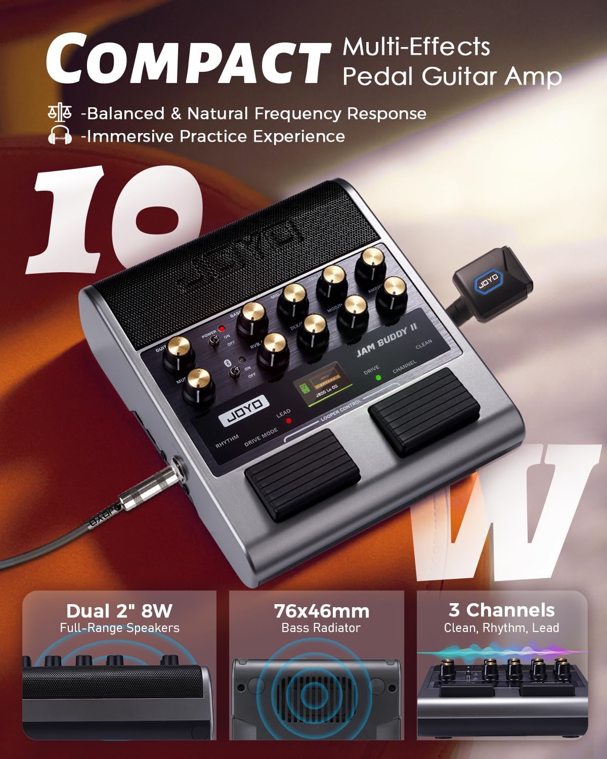 JOYO 10W Electric Guitar Combo Amp Multi-Effects Pedal Portable Amplifier with Footswitch,14 Amp Models,3-Band EQ,36 Drum Patterns & Looper,OTG Recording,Bluetooth for Practice(JAM Buddy II, Gray)