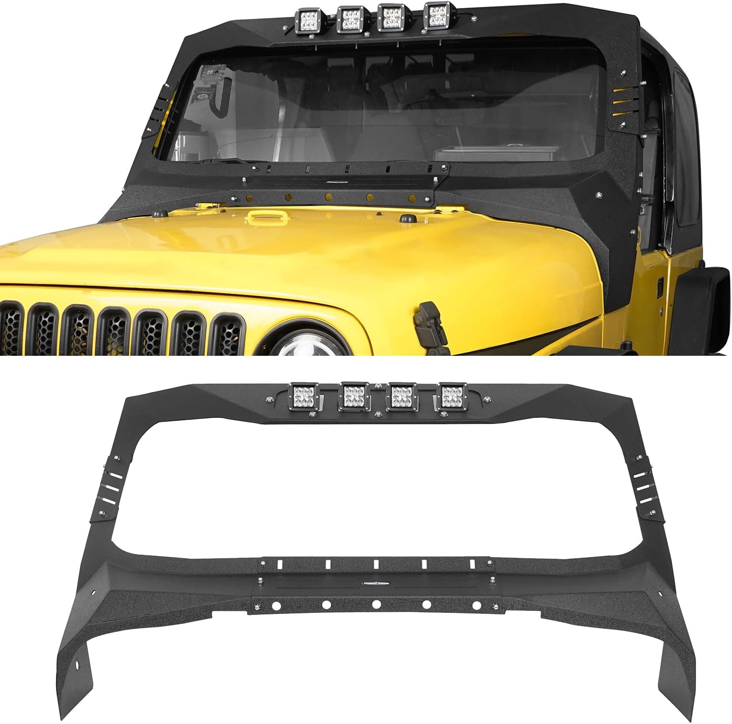 Hooke Road Wrangler TJ Windshield Frame Cover Roof Sun Visor Cowl Shade Body Armor for 1997-2006 Jeep Wrangler TJ Include 4 LED Lights