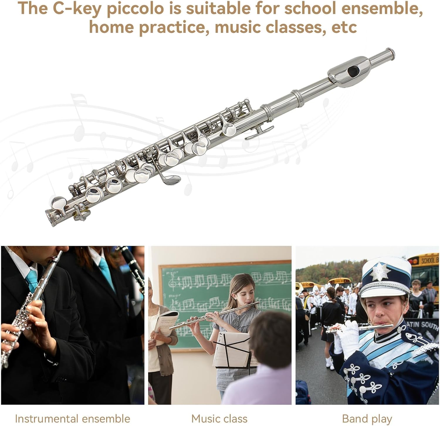 Key of C Flute Piccolo, Silver Plated Piccolo Instruments with Hard Protective Case Cleaning Rod Cloth Screwdriver for Beginners Students (Silver)