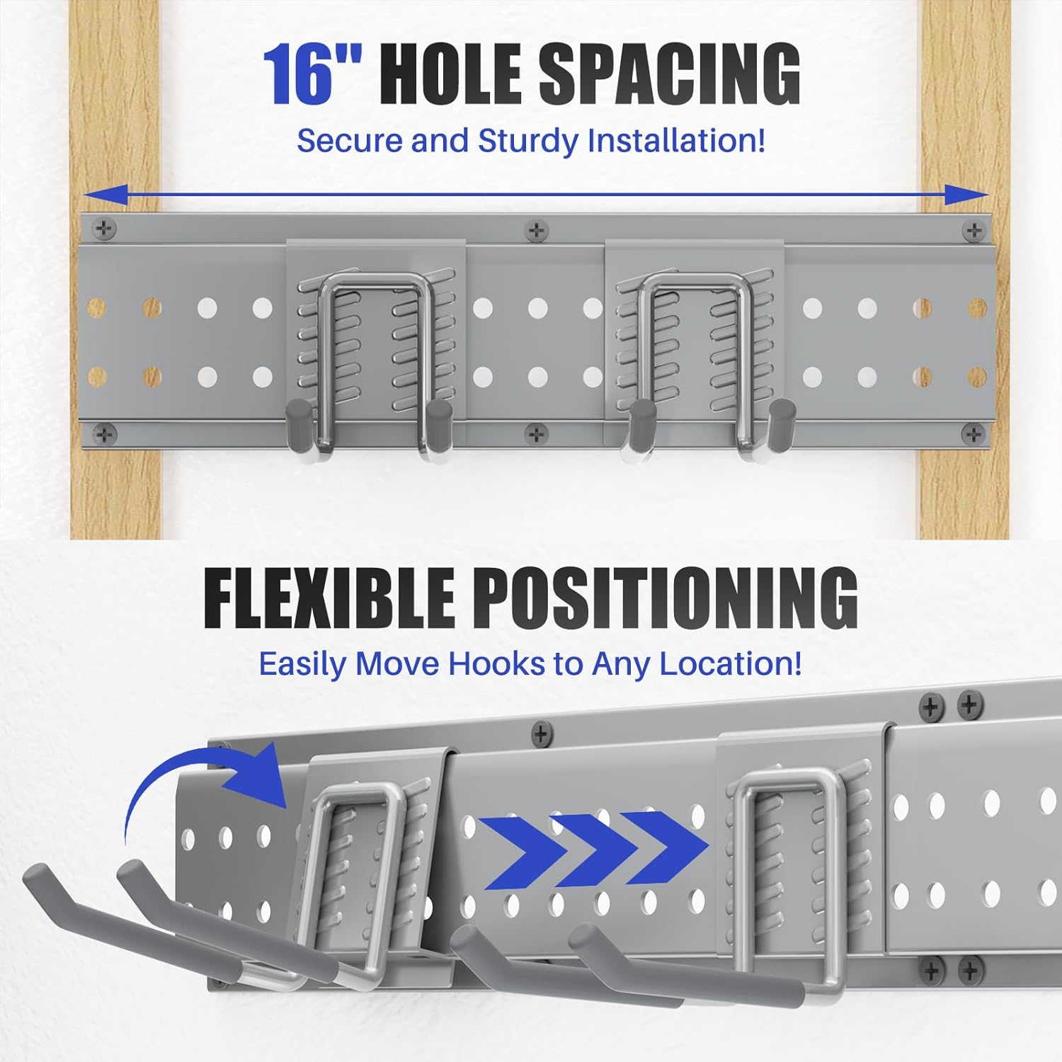 Garage Tool Organizer Wall Mount 96 inches with 18 Adjustable Heavy-Duty Hooks, Garage Organization, Garden Tool Storage Rack, Yard, and Shed, Holds Up to 750 lbs (Grey)