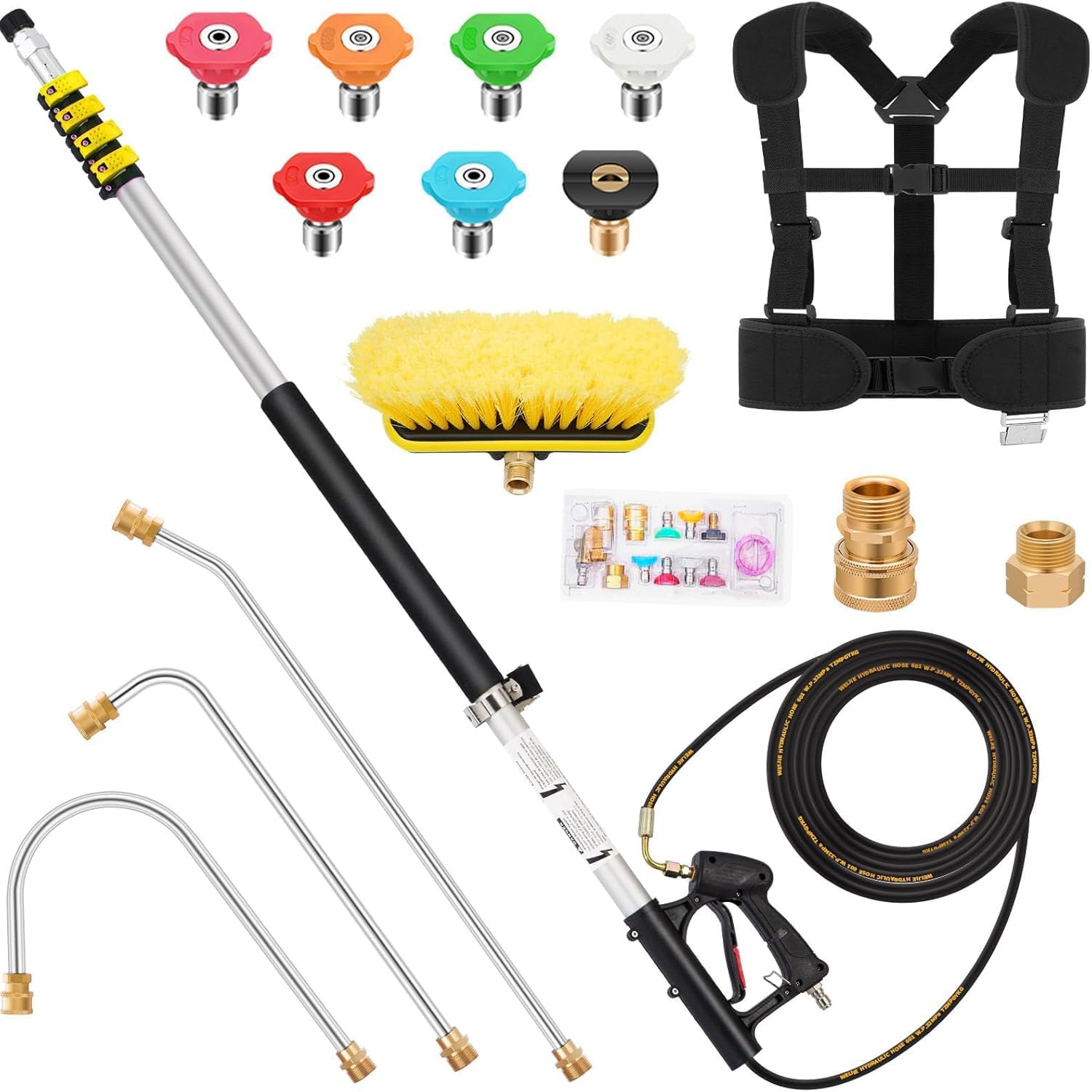 24FT Aluminum Telescoping Pressure Washer Wand with Power Washer Extension Wand, Gutter Cleaner Attachment, Brush Head, 7 Spray Nozzle Tips, 3 Hose Inlet Adapters and Support Harness1