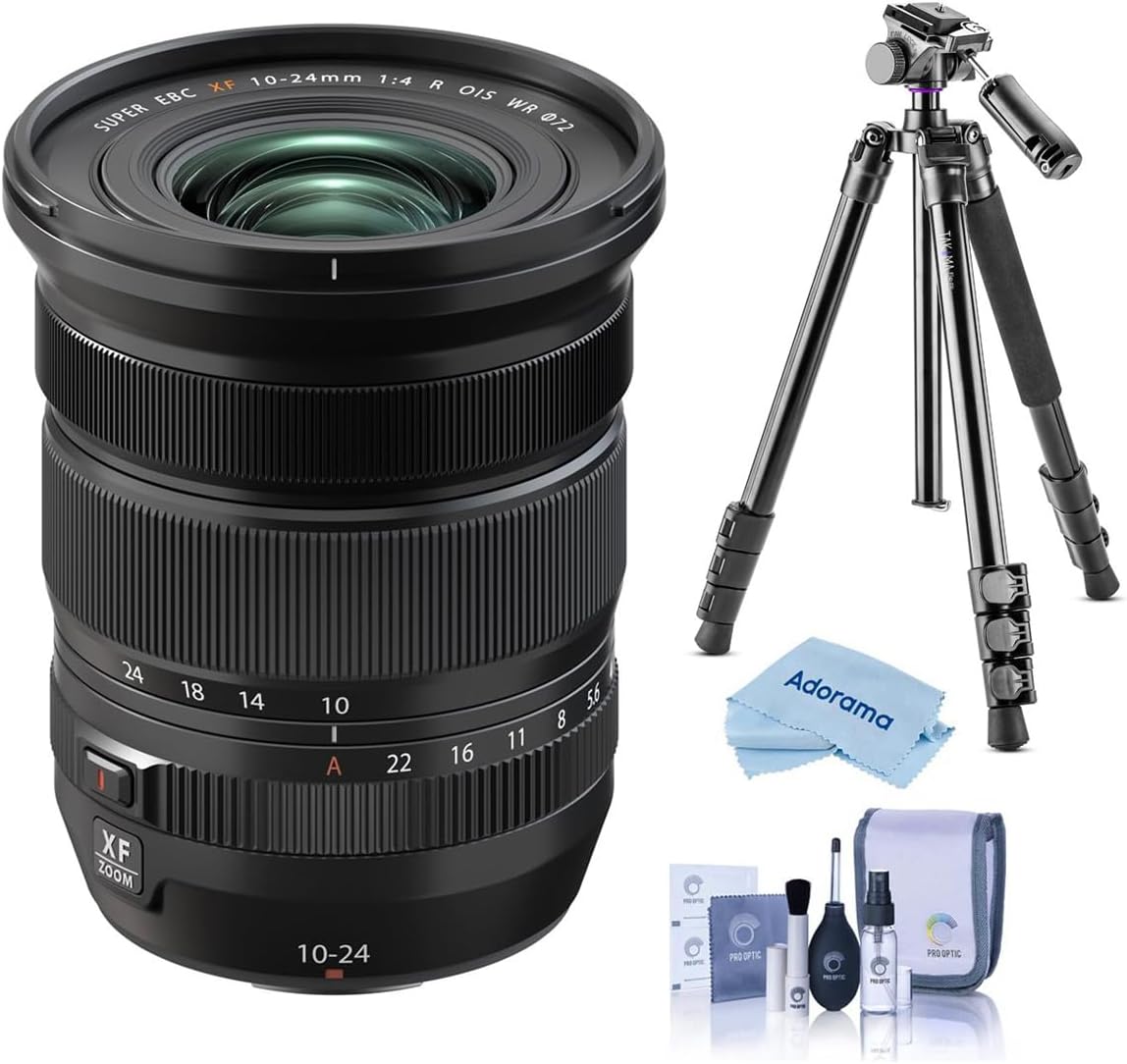 Fujifilm XF 10-24mm f/4 R OIS WR Lens, Bundle with Takama 3-Section Aluminum Video Tripod with Fluid Head, Cleaning Kit, Microfiber Cloth