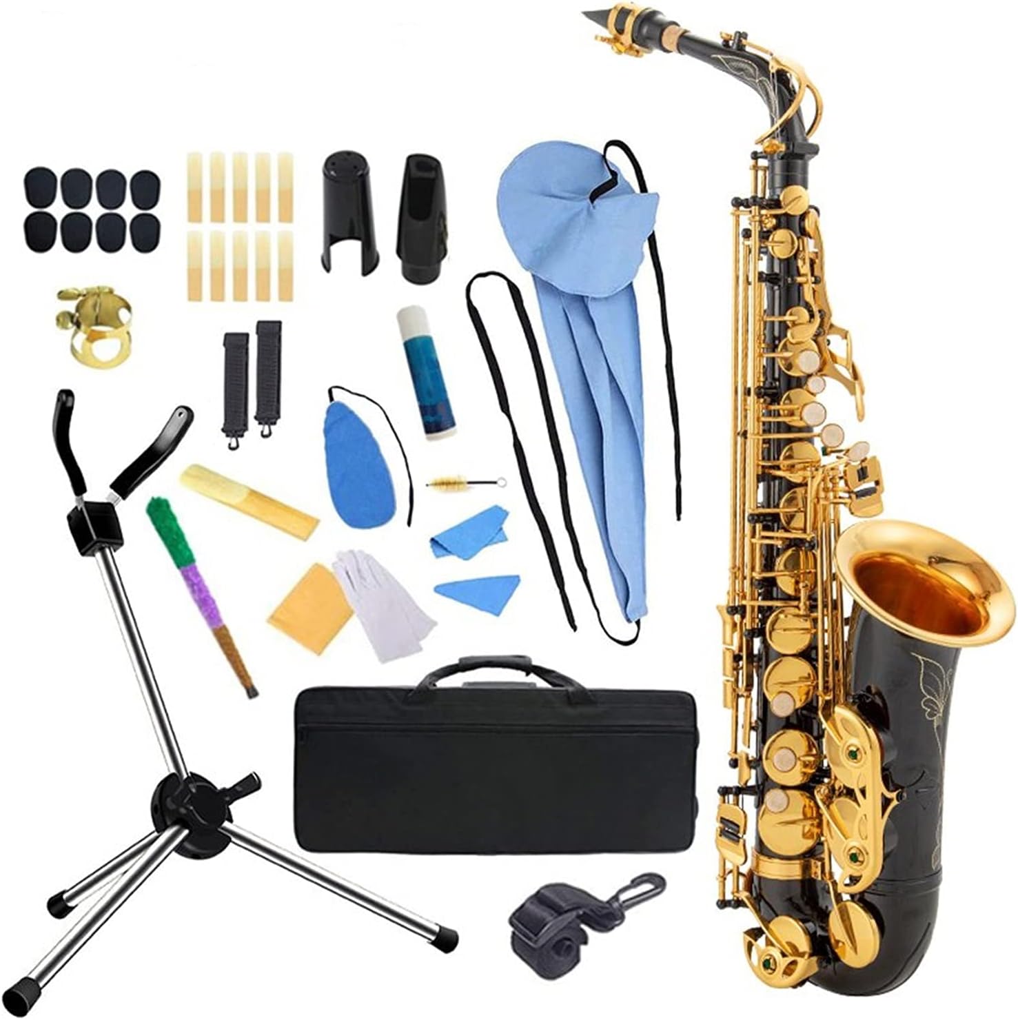 Sax Beginners Kit EB Alto Saxophone Brass Black and Gold Lacquer Music Instrument E-Flat Sax with Case Accessories Wind Instrument