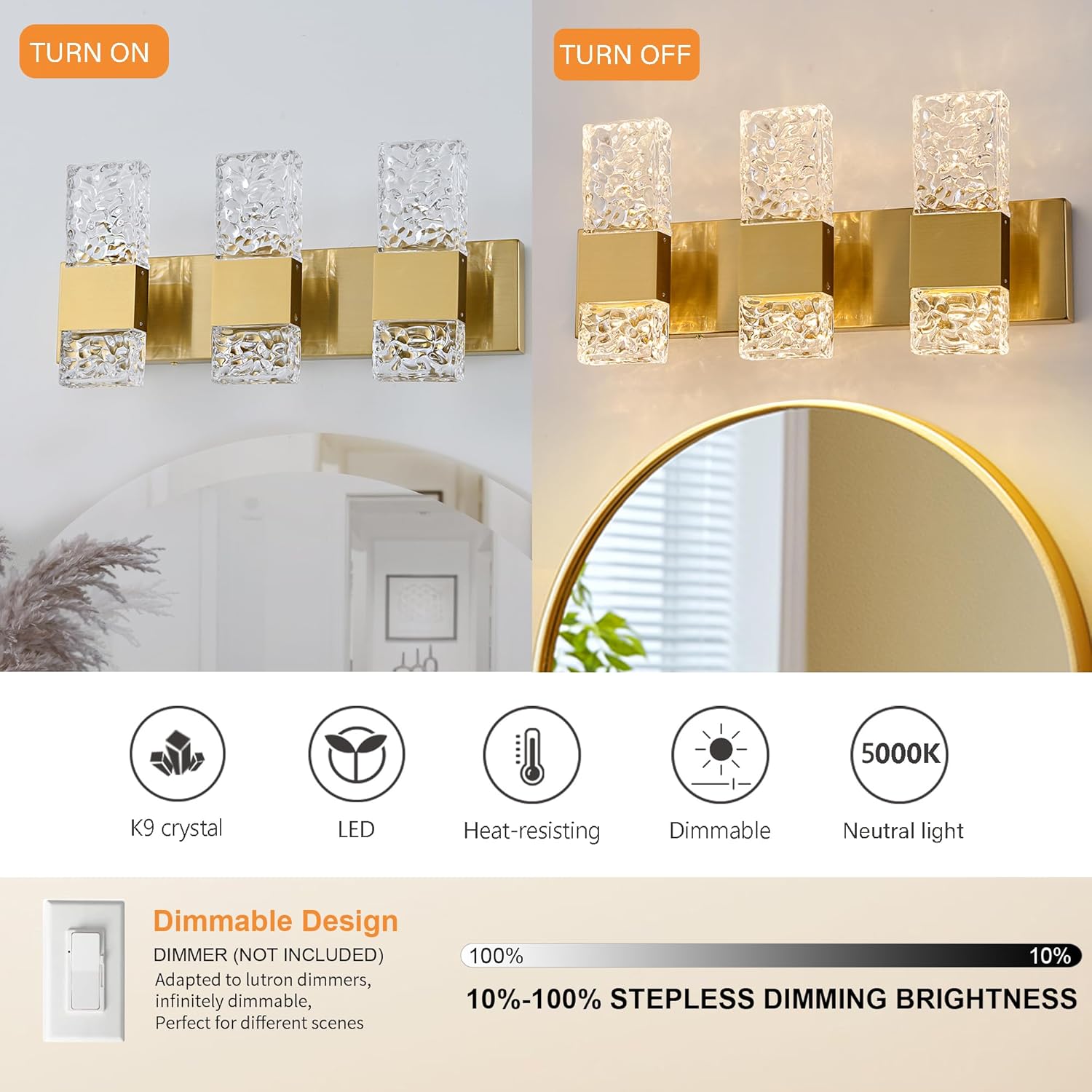 Gold Bathroom Vanity Lights Fixtures Over Mirror LED Crystal Modern 3 Light Brushed Stainless Steel Wall Mount Light for Bathroom Lighting Fixtures 3000K 30Watts Warm Light