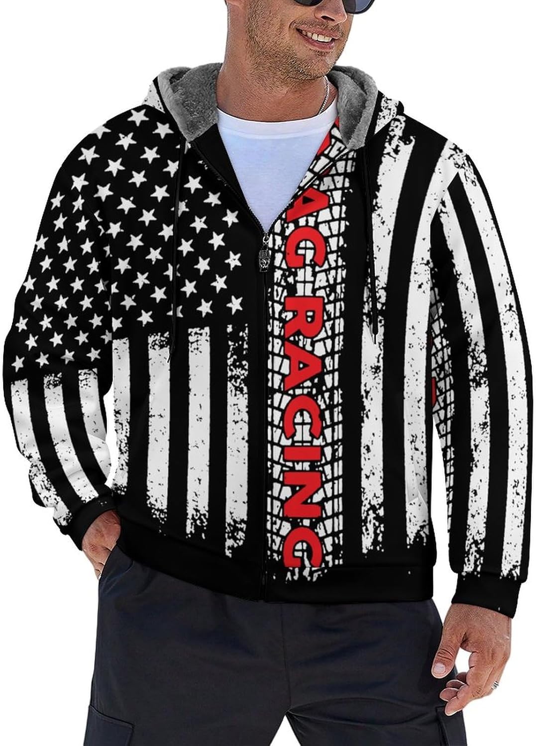 Drag Racing Flag America Funny Hooded Coat Fleece Lining Sweatshirt Zip Up Jacket Warm Hoodie for Men