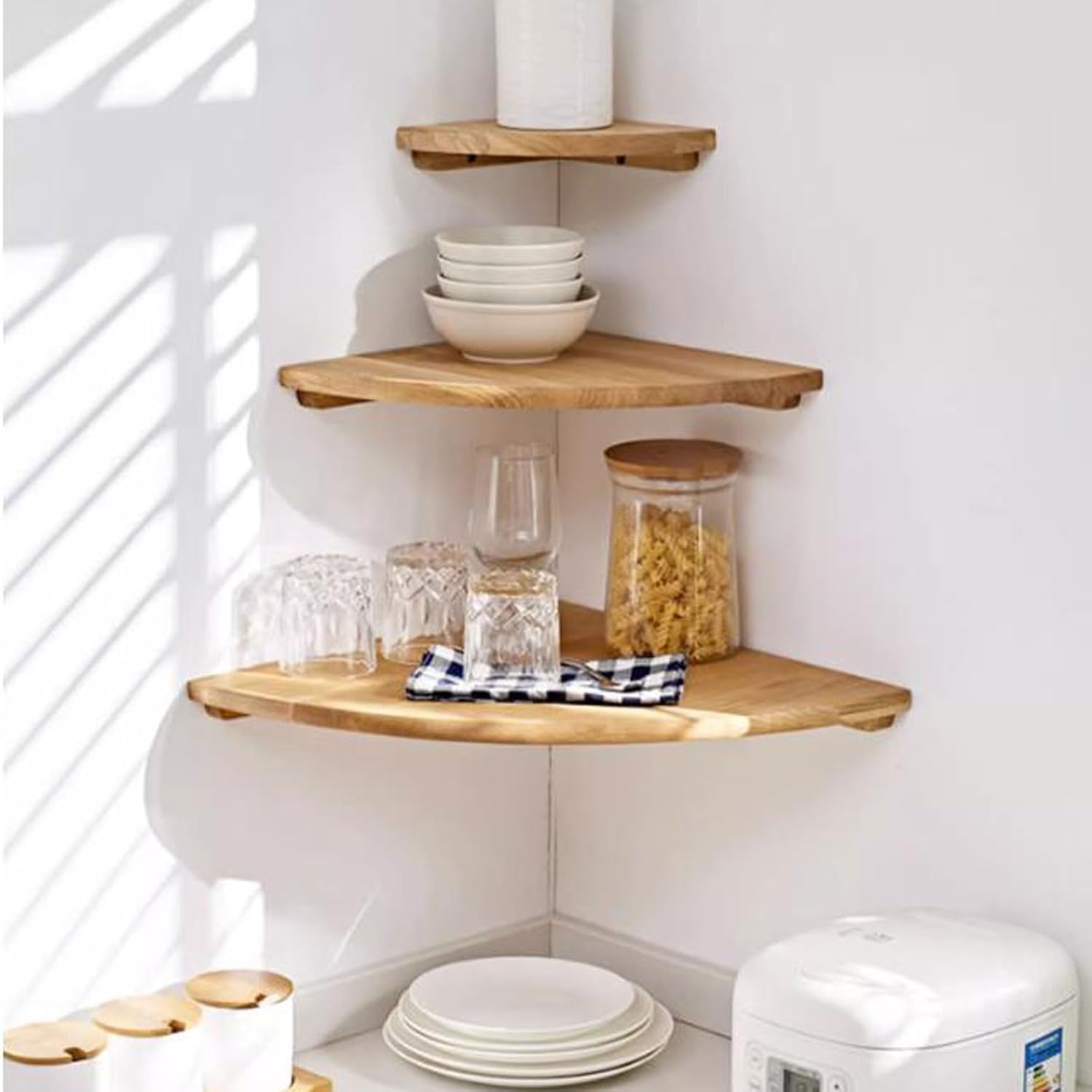 Wall Shelves Set of 3 Corner Solid Oak Floating Corner Shelf Wall Mount, Wall Display Rack, Easy to Install(Nature-3pcs Set)