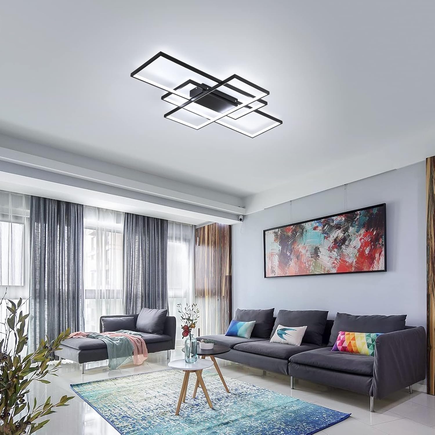 GEADI Modern Extra Large LED Ceiling Lights, Black Dimmable Rectangular Chandelier 68W Flush Mount Ceiling Lamp with Remote 3 Squares Ceiling Light Fixtures for Living Dining Room Kitchen, 41.3in