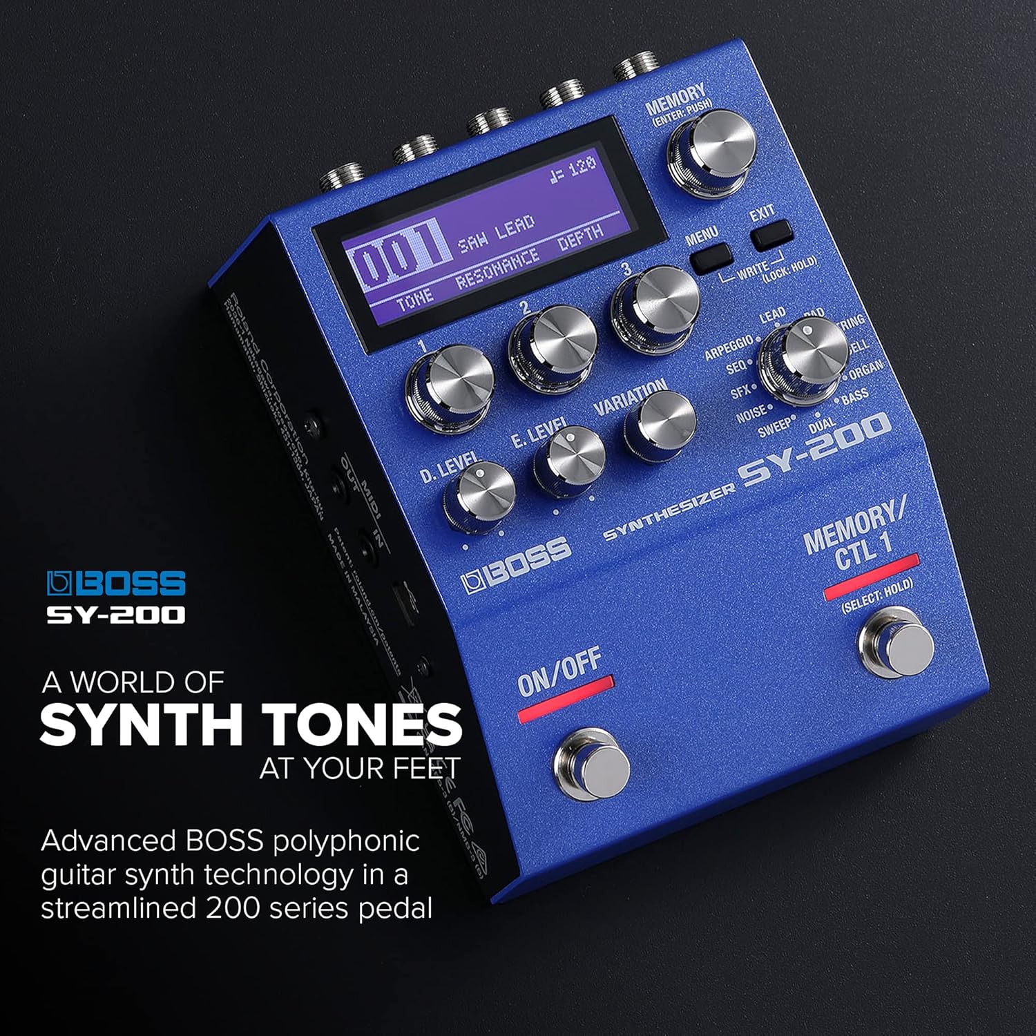 BOSS SY-200 SYNTHESIZER EFFECTS PEDAL – Advanced BOSS Polyphonic Guitar Synth Technology in a Streamlined 200 Series Pedal for any Guitar or Bass – Full MIDI I/O – 128 Memories – 171 Synth Sounds