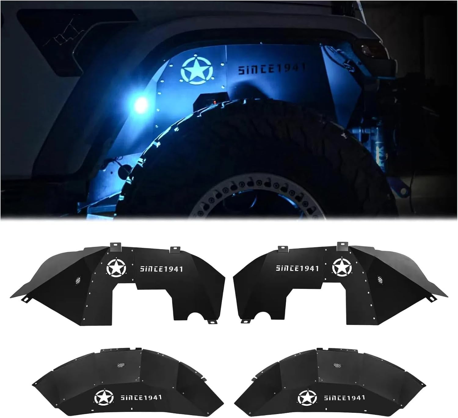 Front & Rear Inner Fender Liners Wheel Cover for 2018-2024 Jeep Wrangler JL JLU Unlimited Bolt-on Wheel Liners Engine Protection with Light & Star Logo, 4 PCS