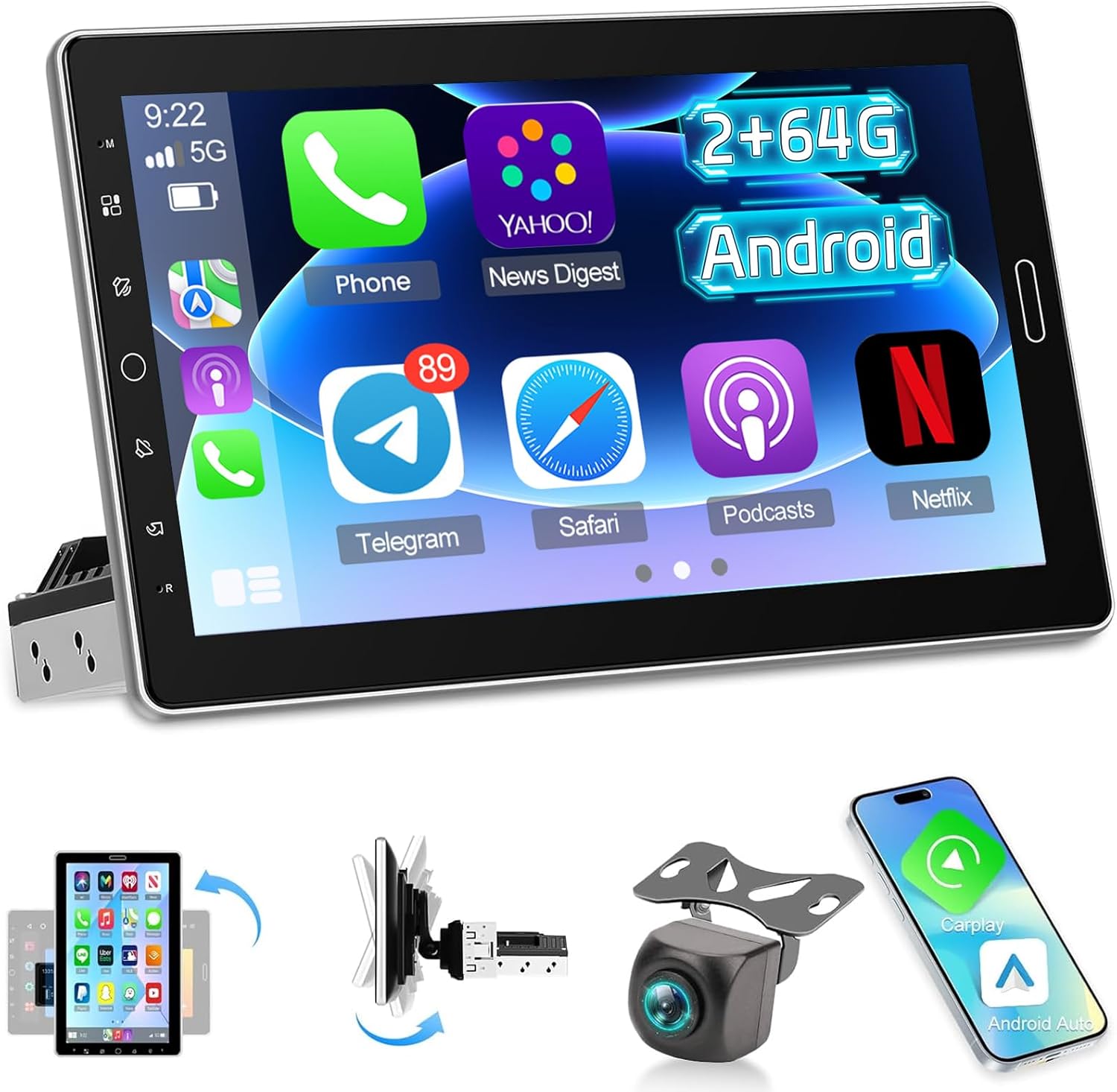 [2+64G] NHOPEEW Single Din Car Radio with Wireless Carplay and Android Auto - 10 Inch Rotatable Touchscreen Android Car Stereo - DSP/GPS/WiFi/SWC/Bluetooth + AHD Backup Camera & Microphone