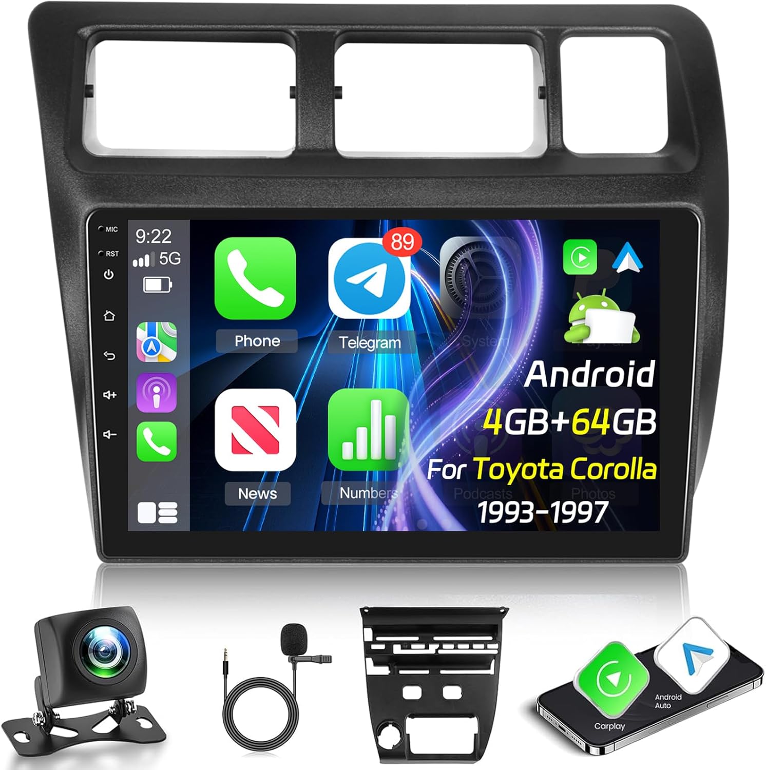 [4+64G] NHOPEEW Car Radio for Toyota Corolla 1993-1997 - Wireless Carplay and Android Auto - 9 Inch HD Touchscreen Android Car Stereo - EQ Audio/WiFi/GPS/SWC/Bluetooth + AHD Backup Camera