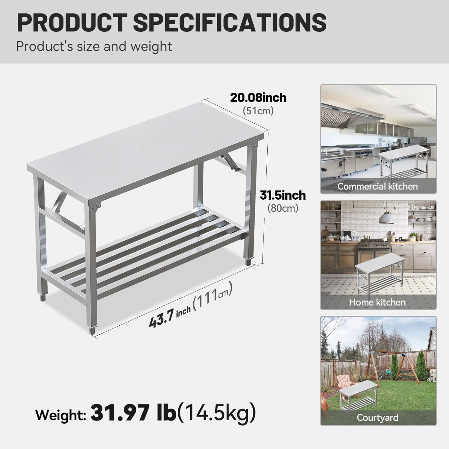 Folding Stainless Steel Table with Adjustable Table Corners and Lower Removable Shelf 20X45 Inches for Outdoor Camping, Maintenance Room, Storage, Kitchen (with undershelf)