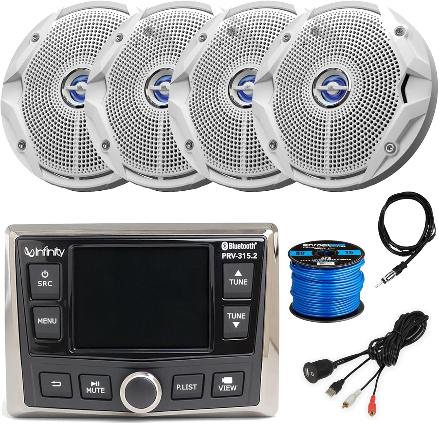 Infinity Marine AM/FM/WeatherBand Radio AUX USB Bluetooth Digital Media Receiver, 4X 6.5 180 Watt Peak Power Dual Cone Boat Stereo Speakers (White), 16 Gauge 50 feet Wire, Antenna, USB/AUX Adapter