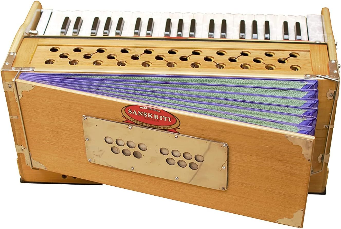 Harmonium by Maharaja Musicals, In USA, 9 Stops, 3 1/2 Octave, Double Reed, Coupler, Natural Color, Standard, Padded Bag, A440 Tuned, Musical Instrument Indian Sangeeta (PDI-AABG)