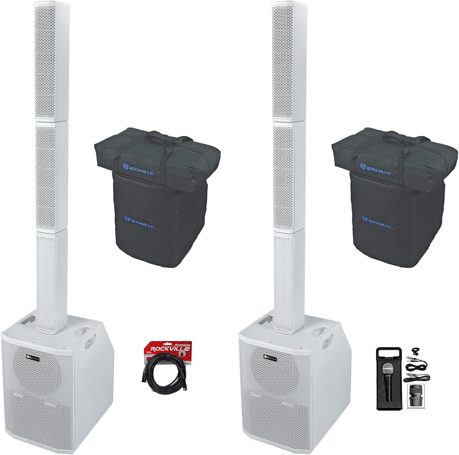 Rockville Bundle: (2) Titan Array System White Pro Powered Column Array Speaker Bundle with RCXFM20E-B Female to Male XLR Mic Cable and RMC-XLR Wired Microphone Mic w/(2) Cables (4 Items)