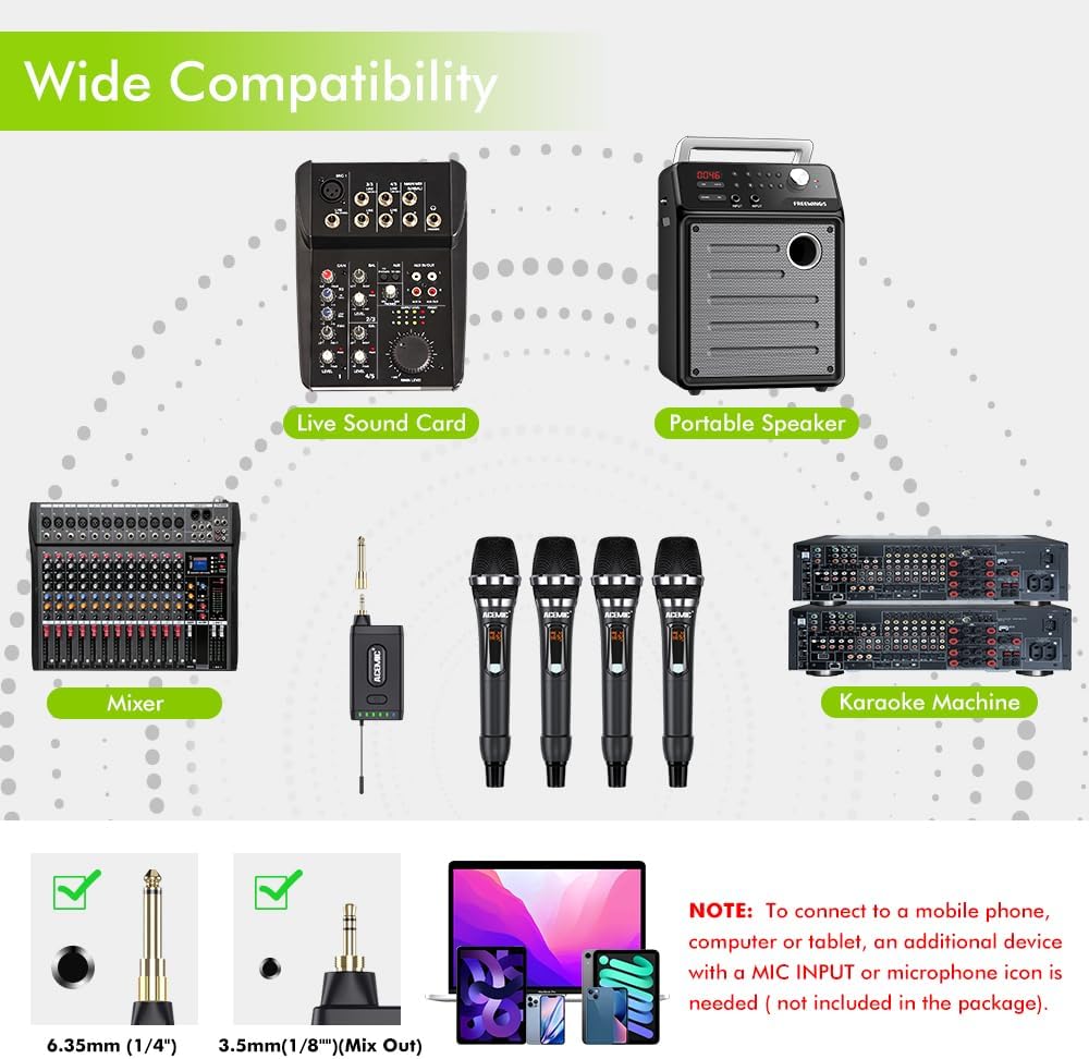 UHF Wireless Microphone System 4-Channel Cordless Mic with 4 Handheld Dynamic Microphones for Church, Speech, Weddings, Karaoke Machine, Q4