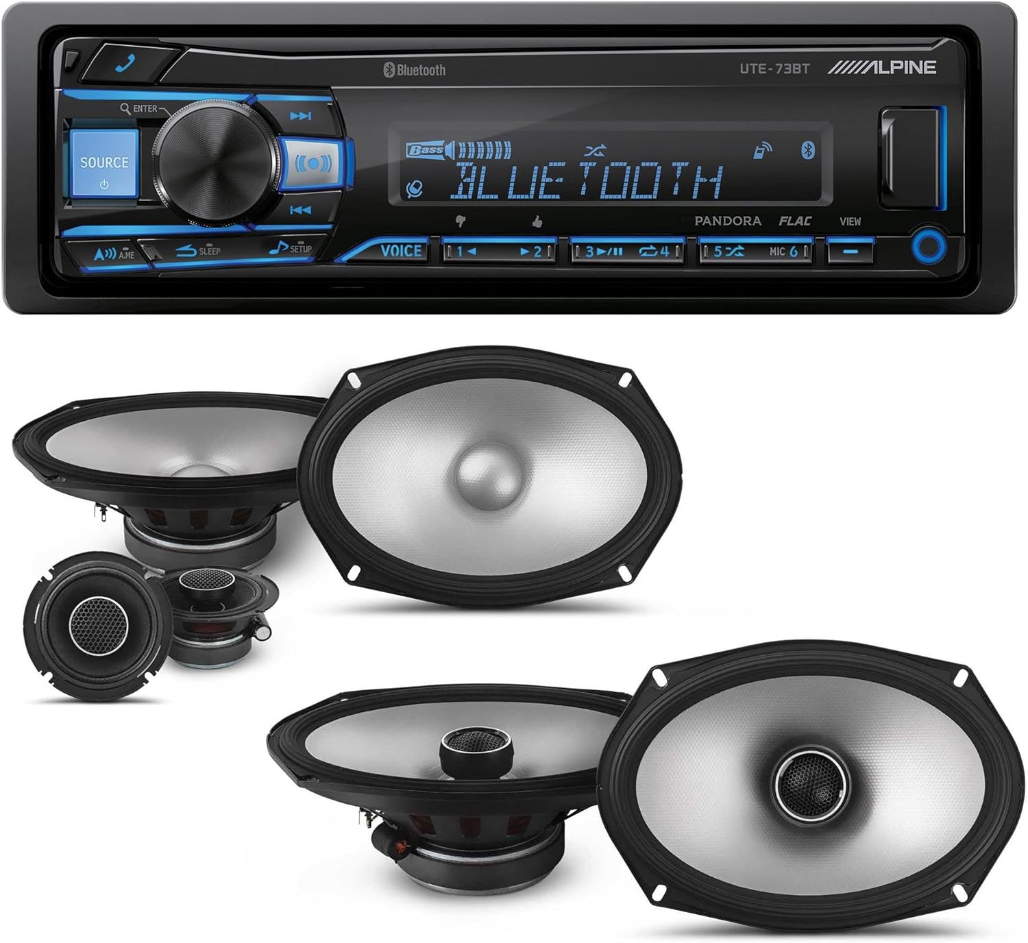 Alpine UTE-73BT Mech-Less Digital Bluetooth Media Receiver with 1 Pair Alpine S2-S69 Type S 6x9 Coax Speakers and 1 Pair S2-S69C Type S 6x9 Component Speakers