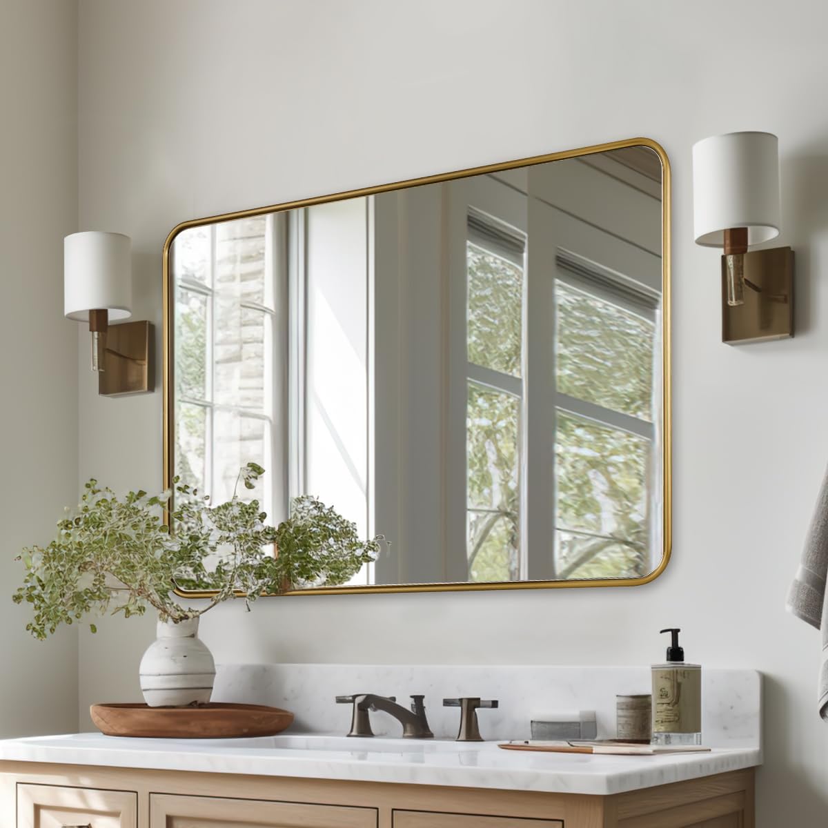 ANDY STAR Gold Bathroom Wall Mirror, 24x36 Inch Rectangle Mirror for Bathroom with Rounded Corner, Brushed Brass Rectangular Vanity Mirror with Anti-Rust Tube Metal Frame, Contemporary, Wall Mount