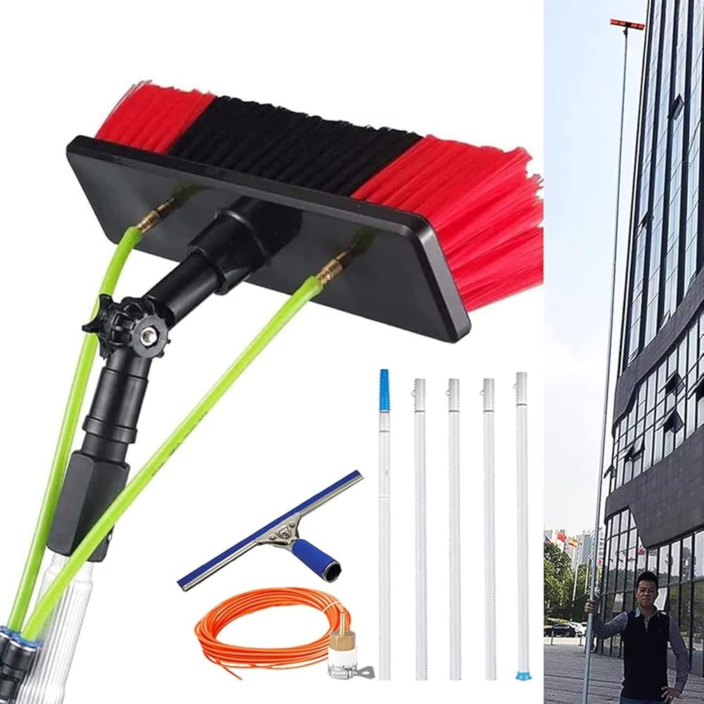 Water Fed Window Cleaning Pole(6m) 20 Foot Long with Squeegee Blade,Telescopic Hose Fed, Extendable Window Cleaning Kit(30cm Brush 6m Pole)