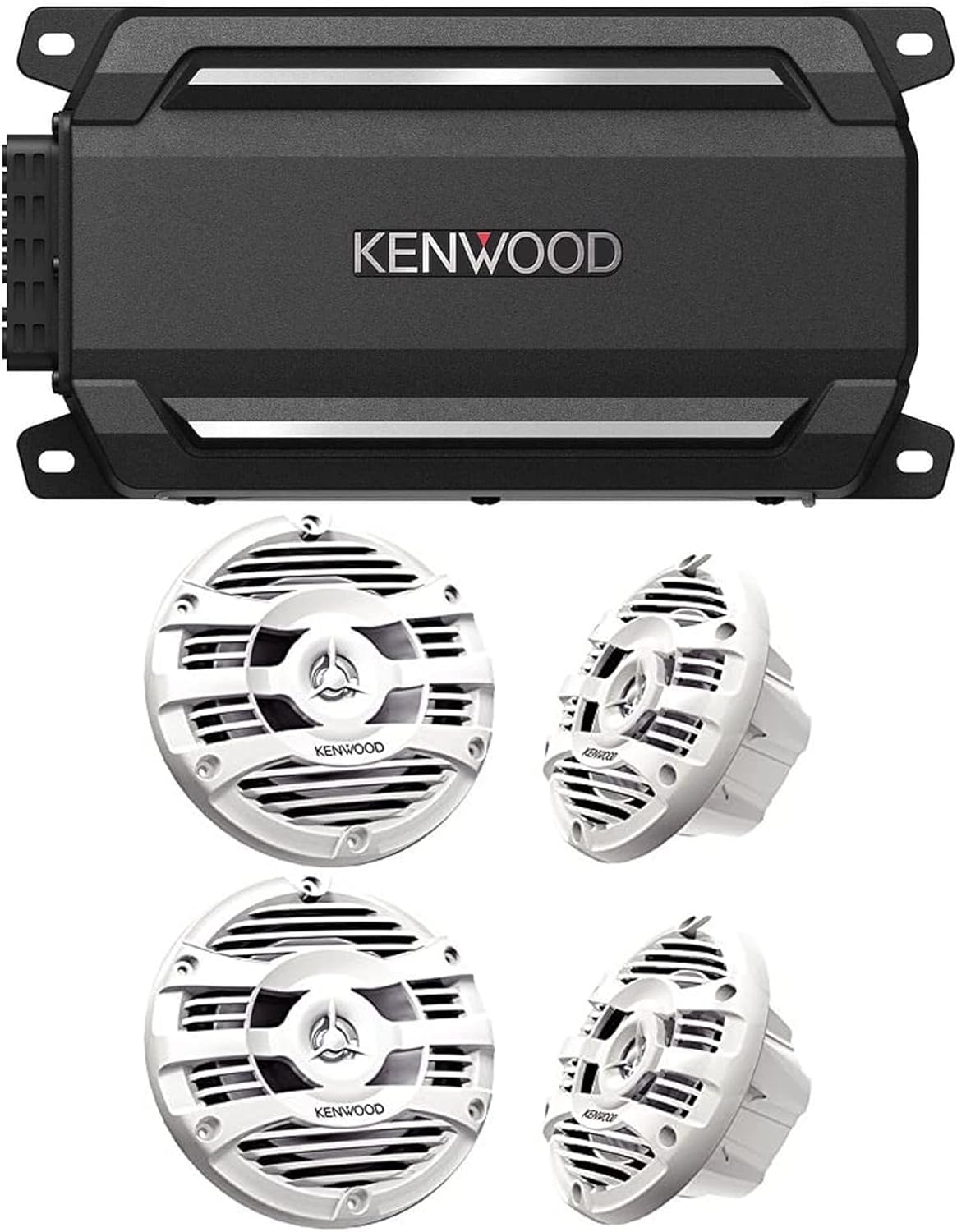 Kenwood KAC-M5024BT Compact 4-Channel 600 Watt Car Amplifier with Bluetooth Streaming for Marine, ATV and Powersport Applications | Plus 2X KFC-1653MRW 6.5