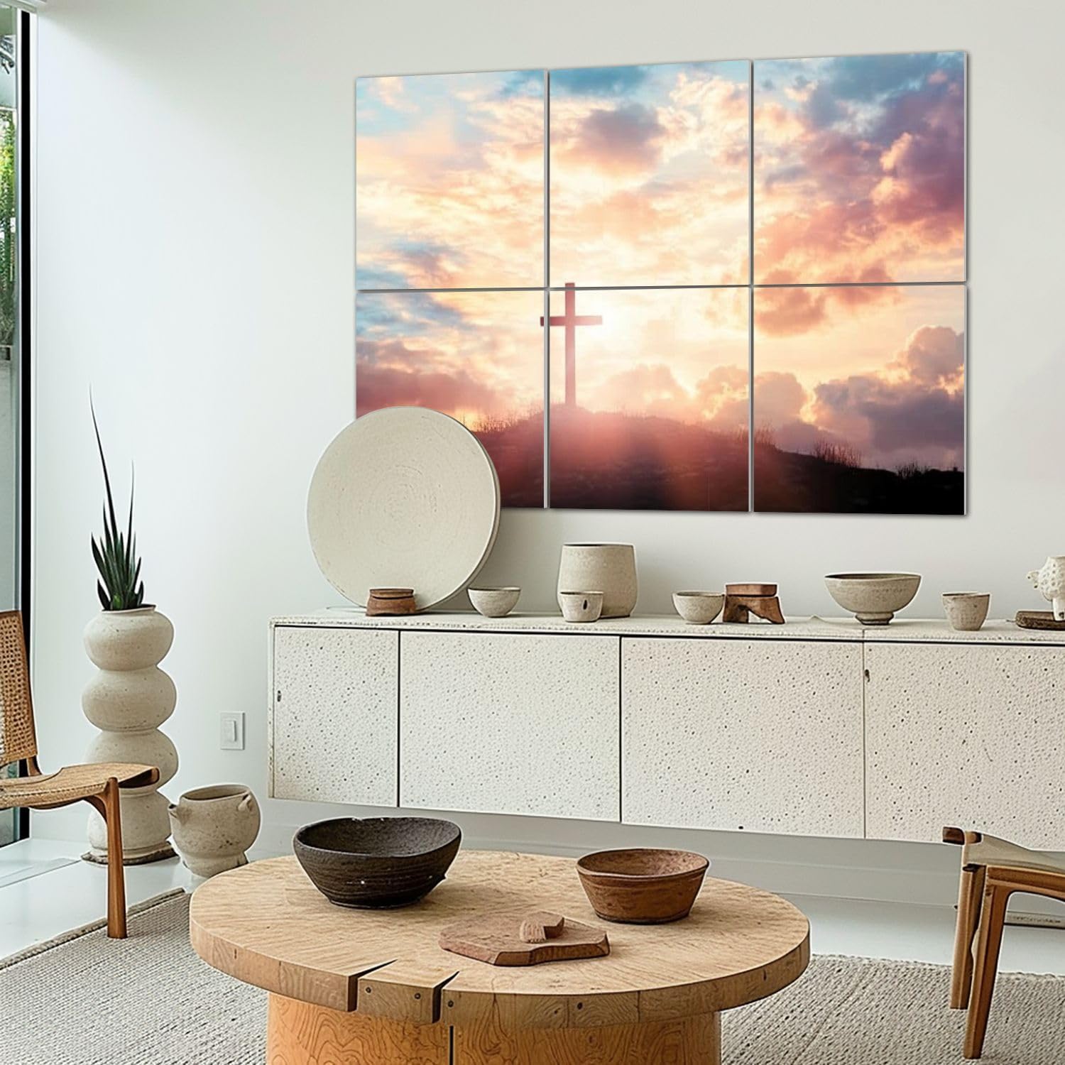 Art Acoustic Panels Self Adhesive Silhouette three Cross Crucifixion Christian top mountain sunlight 6Packs Decorative Soundproof Wall Panels Large Sound Absorbing Panels for Home Office 48