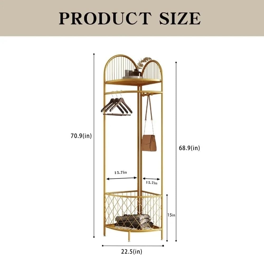 Coat Racks Corner Coat Rack With Storage Basket And Hooks Metal Clothes Rack For Entryway, Hallway, Bedroom, Office Coat Rack Stand(Golden)