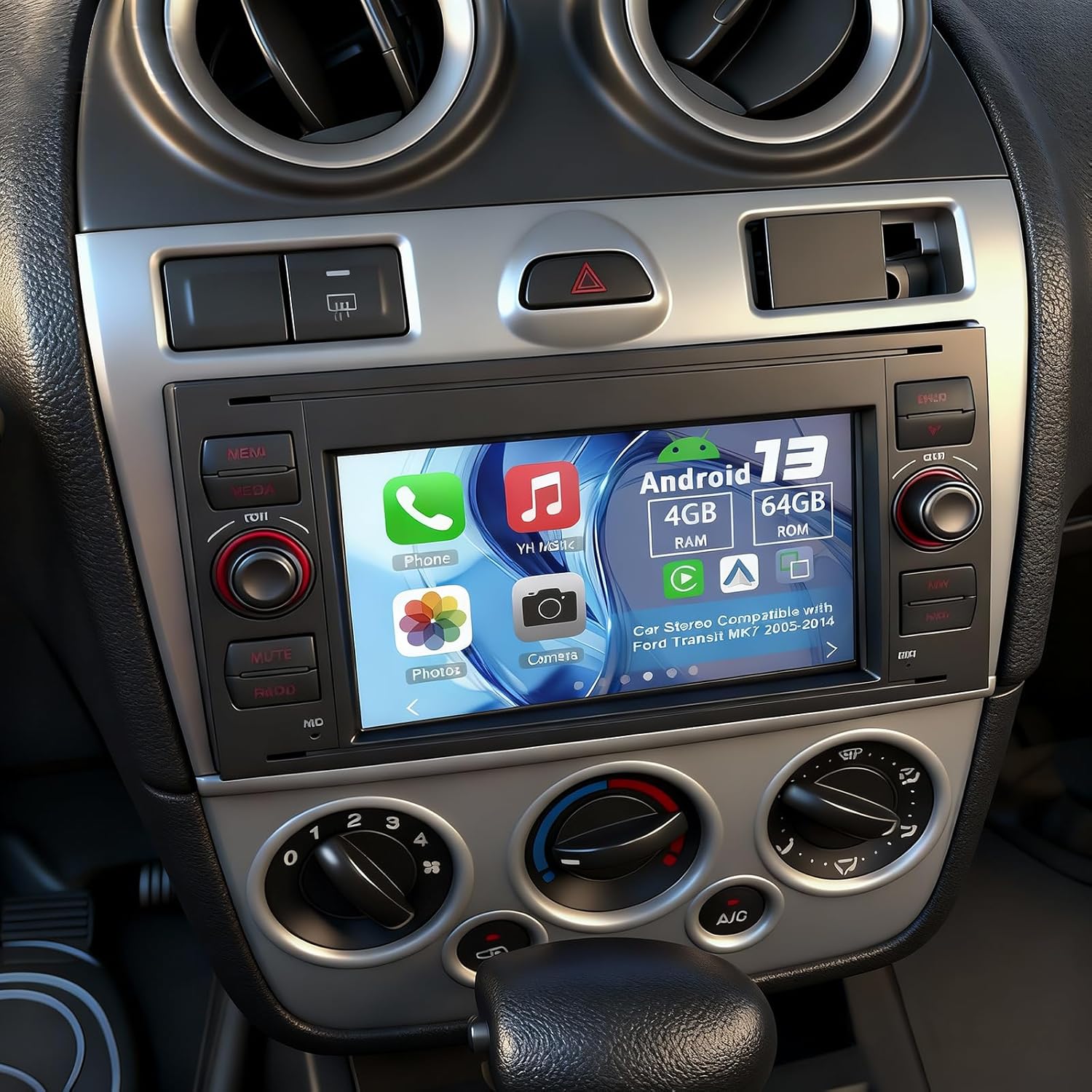 Android 13 Double Din Car Stereo Compatible with Ford Transit Connect 2010-2014, 7inch Touch Screen 4G+64G Wireless CarPlay Radio with Android Auto Support GPS FM Backup Camera