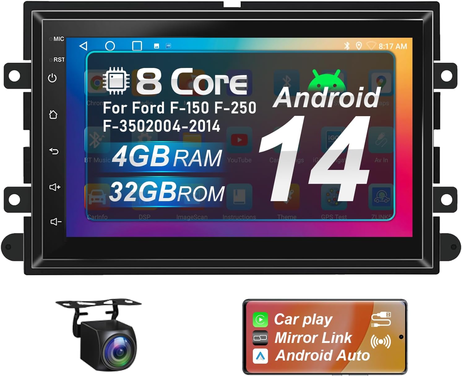 Upgraded Android 14 8 Core Car Radio Stereo for Ford F150 2004-2008, F250 F350 2006-2014 with Wireless Carplay&Android Auto 4+32G 7