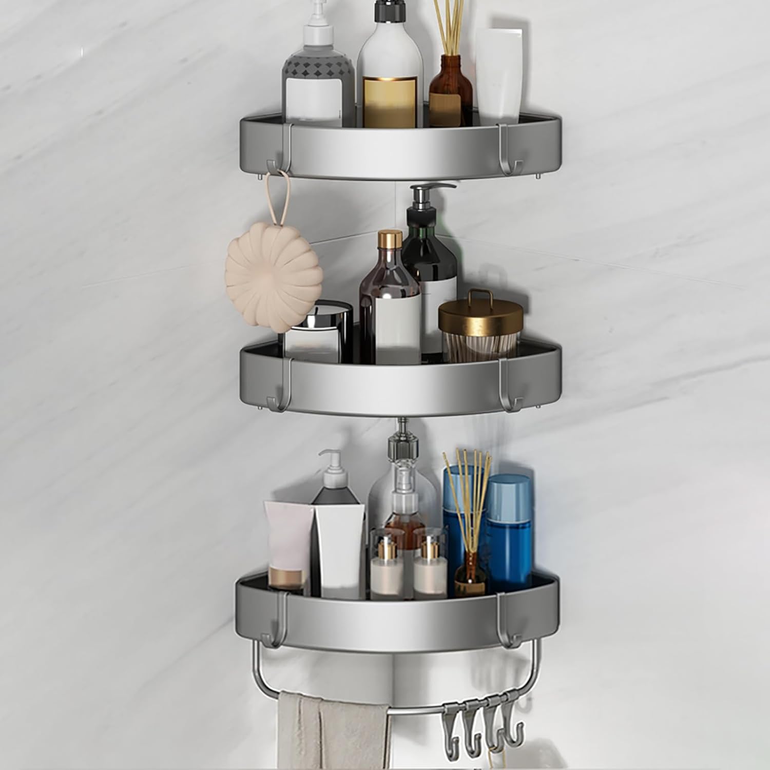 No Drilling Shower Caddy, Bathroom Corner Storage Shelves with Rod and Hooks, Triangular Basket, High Load Capacity(Triple layer)