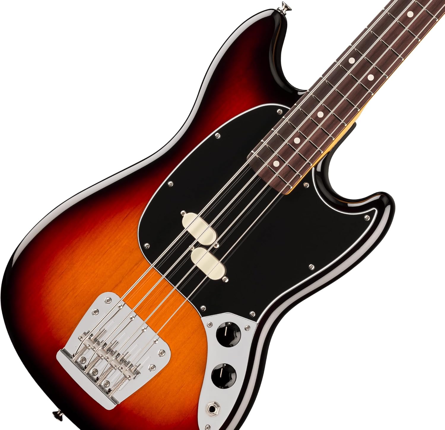 Fender American Professional Classic Mustang Bass - 3-Color Sunburst Bundle with Gig Bag, Strap, Cable, and Guitar Cleaning Kit