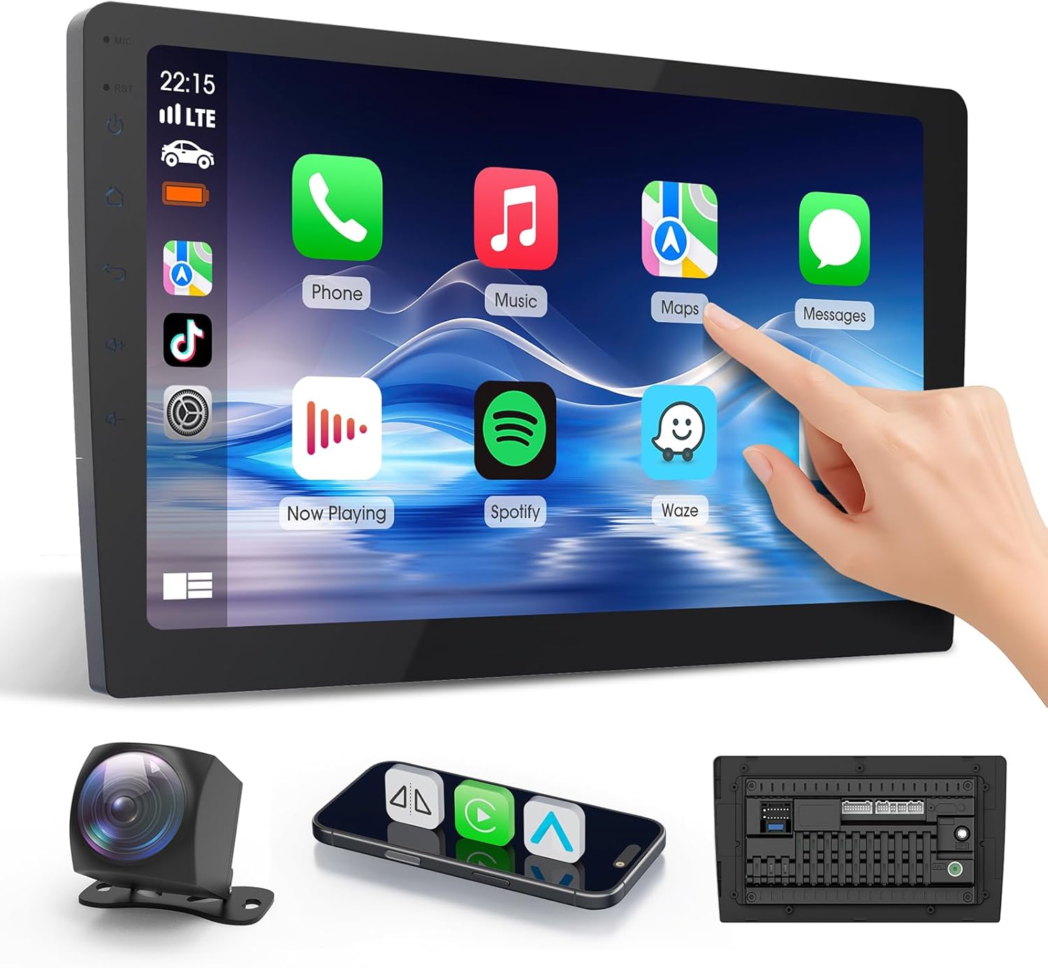 10.1 Inch Double Din Car Stereo,with Wireless Apple CarPlay and Wireless Android Auto,HD Touch Screen carplay Screen with 1080P Reversing Camera,Mirror Link,AUX,FM/AM|Double din car Screen