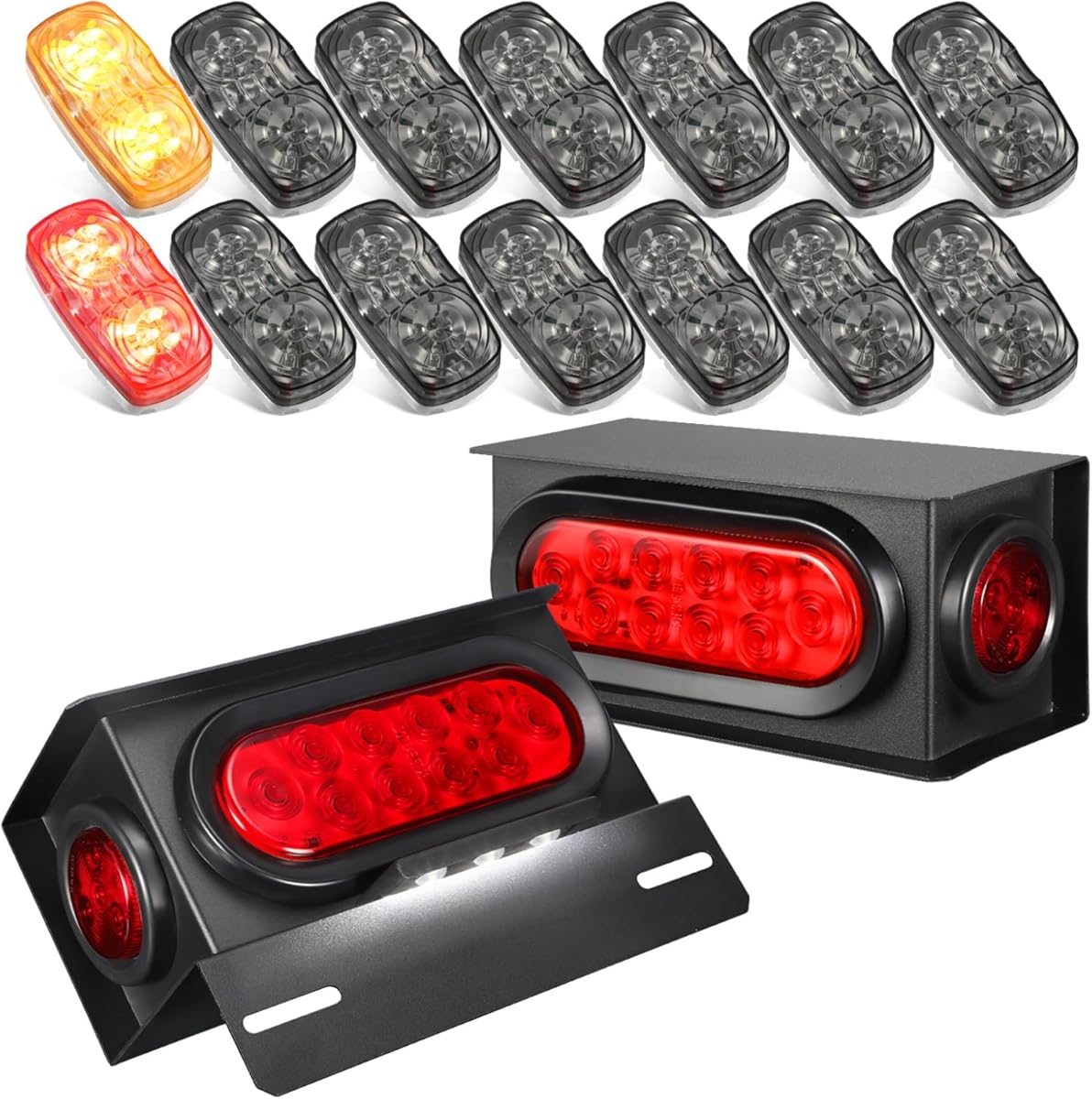 Partsam 14x Red/Amber Double Bullseye LED Light Side Clearance Lights Smoke Lens, LED Steel Trailer Light Box Kit w/Oval Lights 2