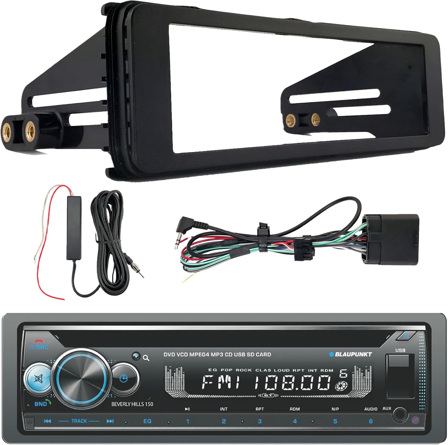 Blaupunkt Hamburg Single DIN Retro Classic Bluetooth USB/AUX AM/FM Radio Stereo Receiver W/Stereo Installation Kit, 12V Radio Antenna Black Signal Reception Amplifier Booster Kit