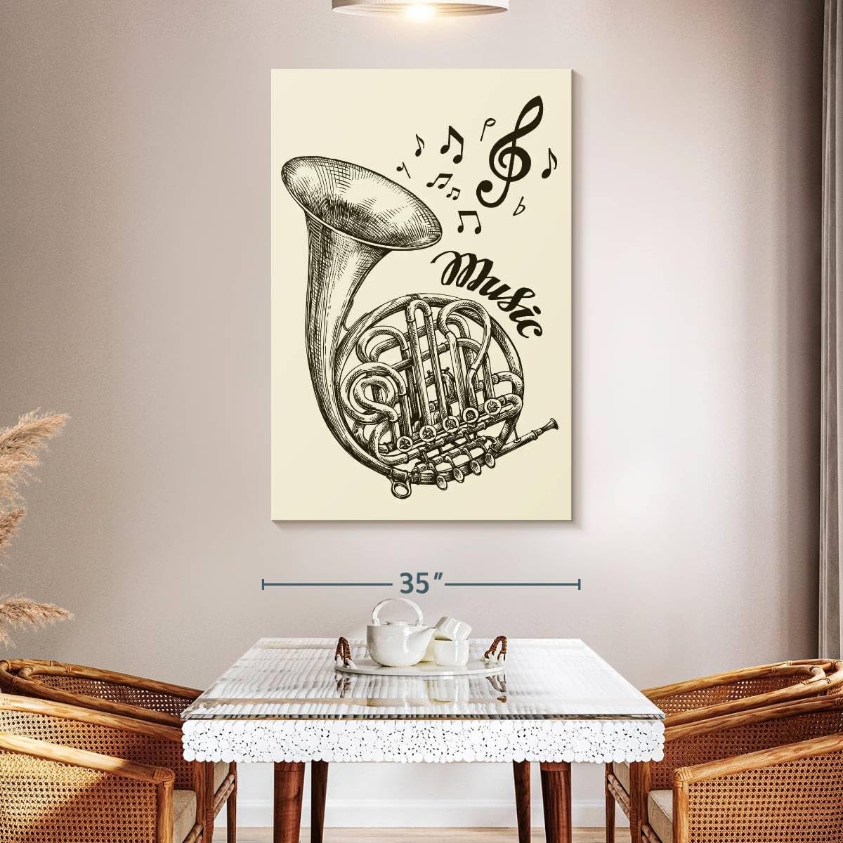 ElephantStock - French Horn Music Wall Art - Vertical Canvas Wall Art - Living Room Wall Decor - Drawing Music Canvas Art - Beige And Black Decor - 34
