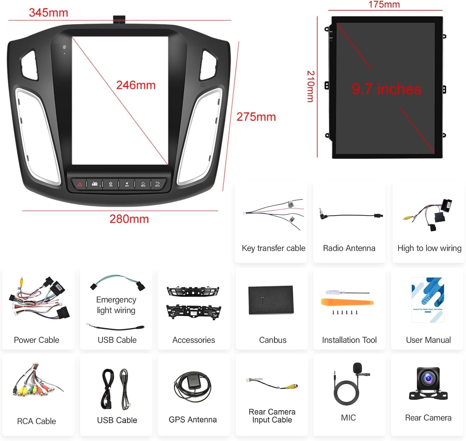2G+64G Android 13 Car Stereo Radio for Ford Focus 2012-2018 with Wireless CarPlay/Android Auto, 9.7 inch Touch Screen Head Unit, GPS Navigation WiFi Bluetooth SWC HiFi Audio HD Backup Camera