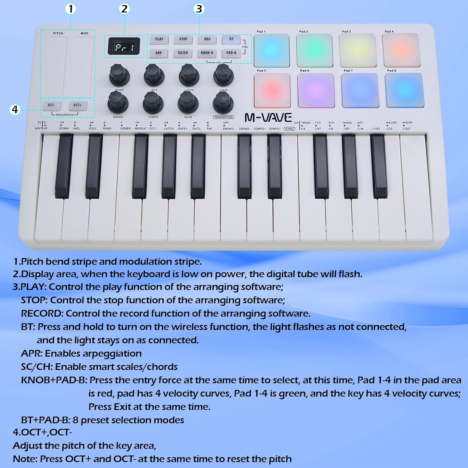 M-VAVE 25 Keys 8 Backlit Drum Pads MIDI Keyboard – Professional Beat Maker and Keytar for Keyboard Music Production Builtin Battery Wireless Connect White
