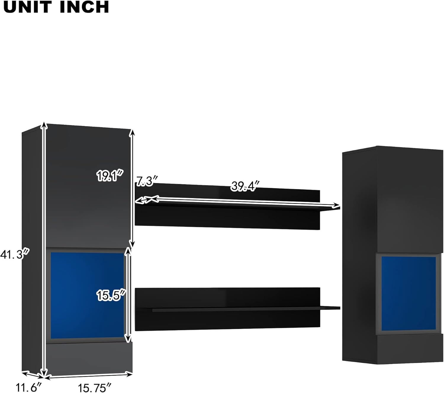 4 PCs Modern High Gloss Wall Mount Floating Entertainment Center with 16-Color RGB Lights, 2 Media Storage Cabinets and 2 Shelves for Living Room, Home Theater