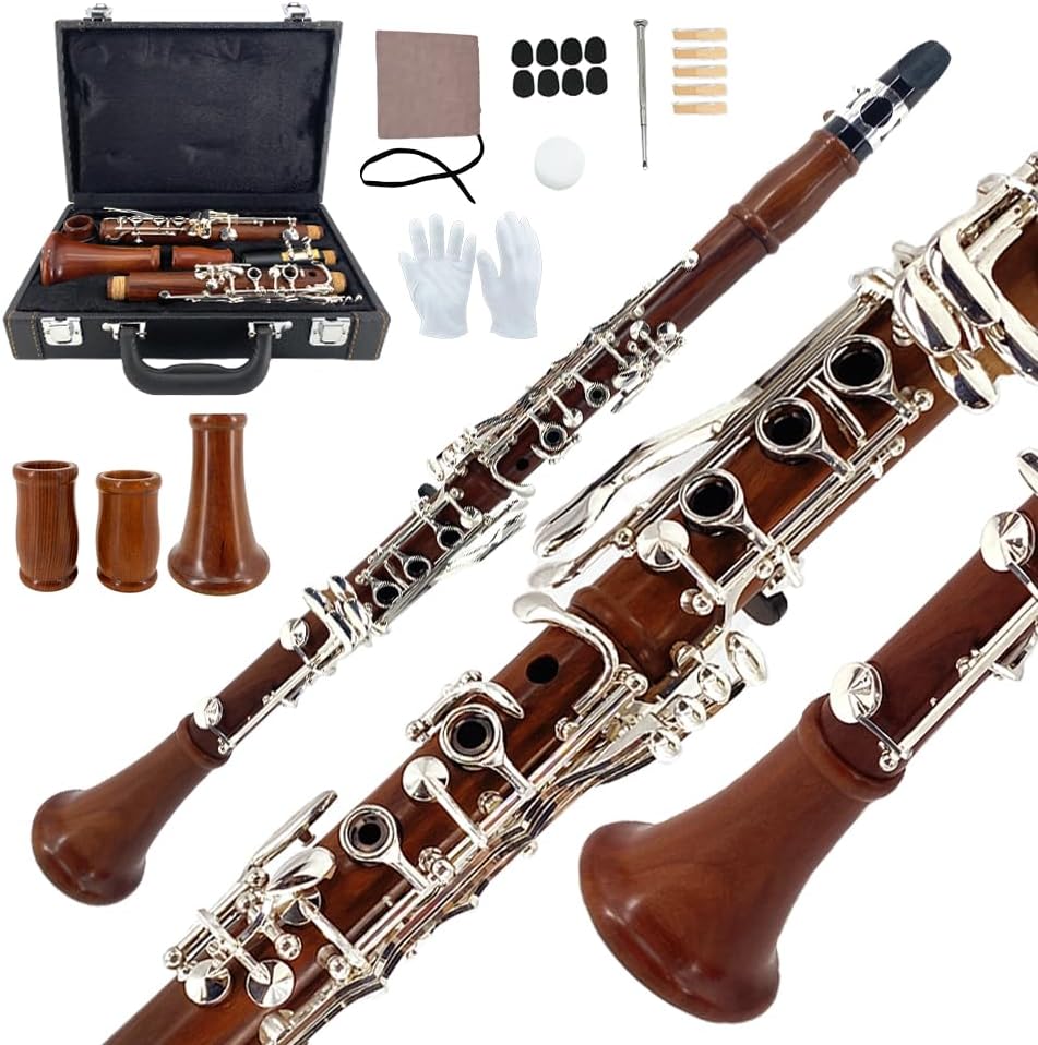 Yinfente Bb Clarinet for Beginner 17 Key Nickel-plated Rosewood b Flat Clarinet with 2 Barrels,Hard Case,Cleaning Kit,Mouthpiece,Cork Grease,Gloves，Reeds,Cushion