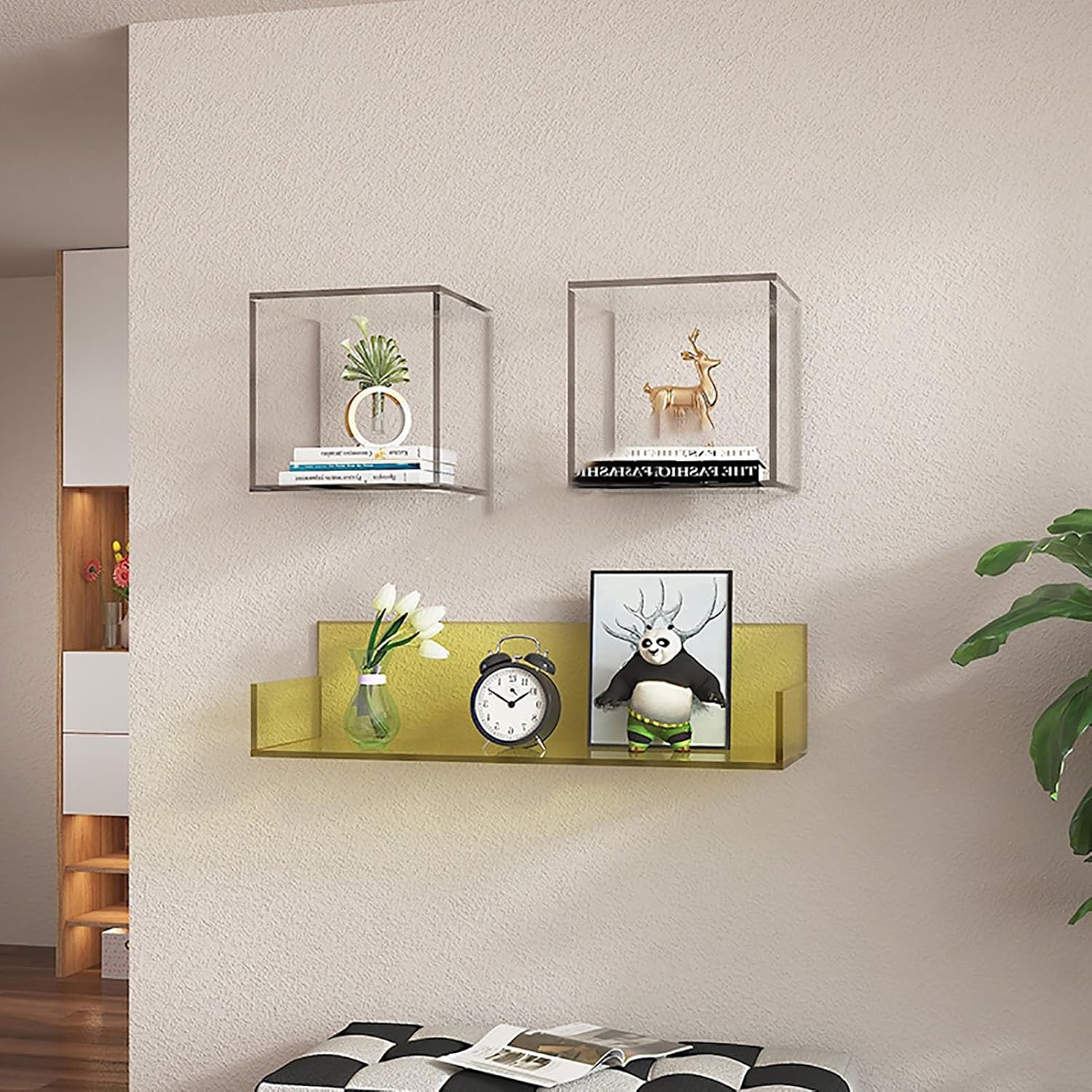 Floating Shelves for Wall Acrylic Floating Shelves Floating Acrylic Cube Shelf,Hanging Wall Mount Display Storage Shelves for Photos,Toys,Books,Decorative(Red)