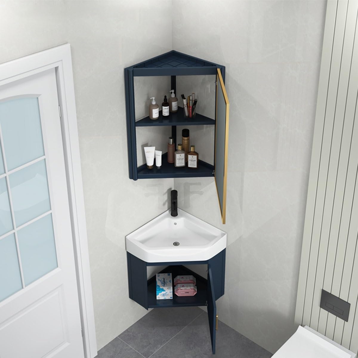 Corner Bathroom Vanity Sink Combo with Mirror, Wall Mount Corner Bathroom Sink Cabinet, Ceramic Bathroom Corner Sink for Small Bathrooms(56cm/22in)