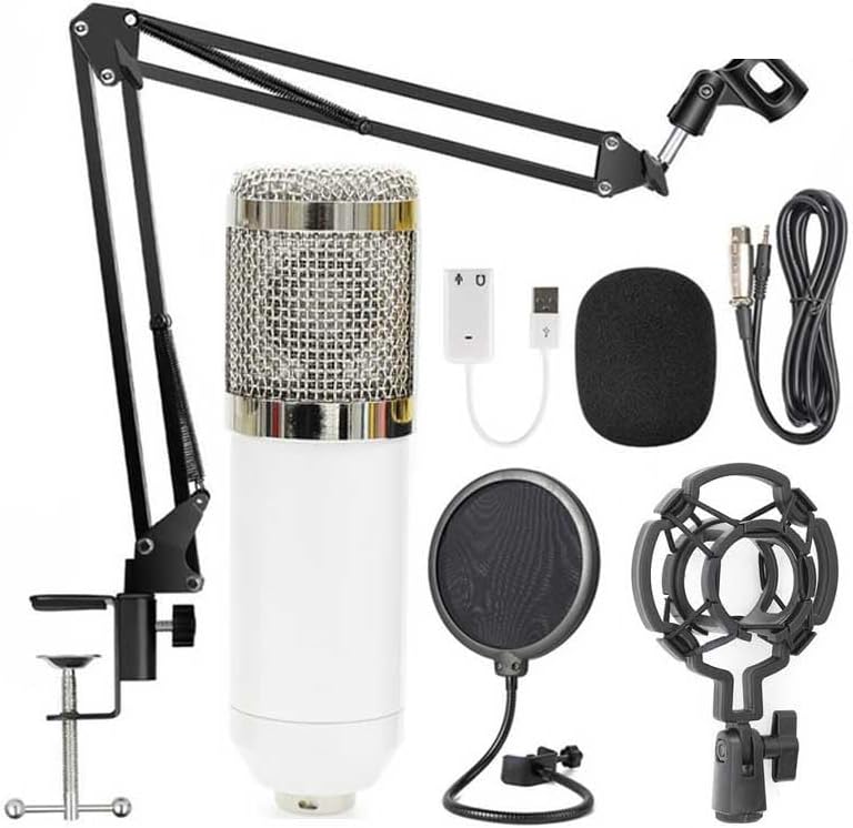 Microphone with Suspension Arm for Streaming Podcast Recording Studio Singing Karaoke, White