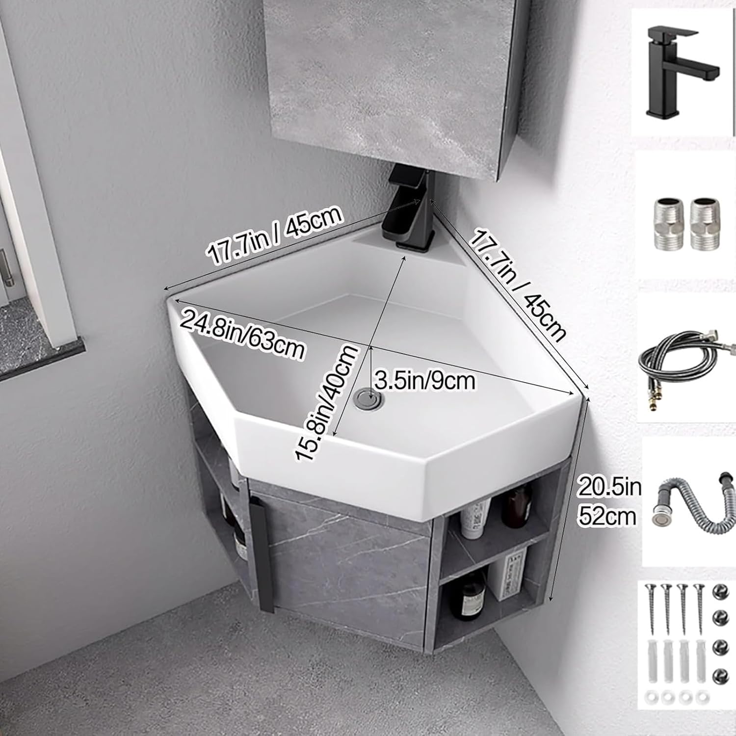 Corner Bathroom Sink Vanity, Ceramic Corner Wall Mount Bathroom Sink, Floating Wash Basin with Storage Container, Corner Vanity wash Basin Sinks(16inchx40cm)