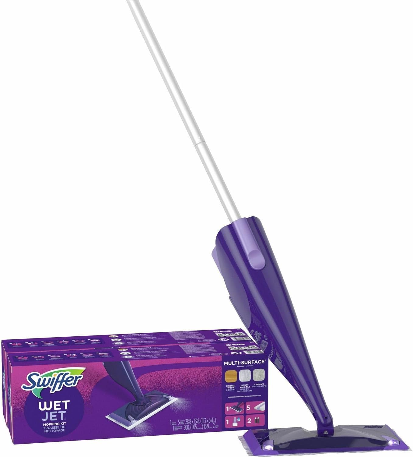 Swiffer 92811CT WetJet Mop Starter Kit, 46-Inch Handle, Silver/Purple, 2/Carton