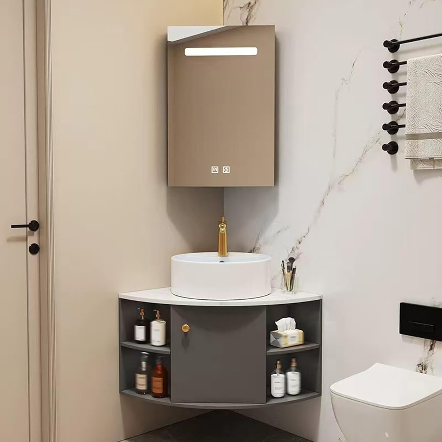 20 Inch Corner Sink, Corner Bathroom Sink, Corner Wall Mount Bathroom Sink, Corner Bathroom Vanity, Bathroom Sink with Storage Container and Mirror, Ceramic Sink(Gray)