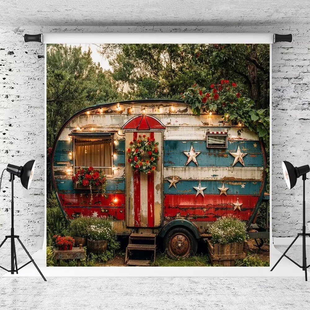 Kate American Flag Stars Photo Backdrop Old RV Background Patriotic Vintage Caravan Photo Background Studio Props,10x10ft